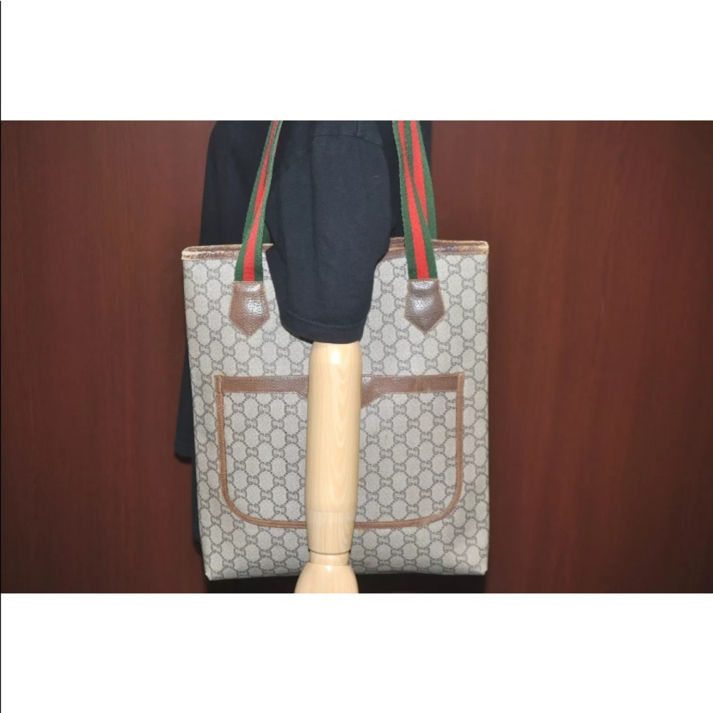 Auth GUCCI Plus Web Sherry Line GG Plus Shoulder Tote Bag PVC Leather Brown - Picture 10 of 13